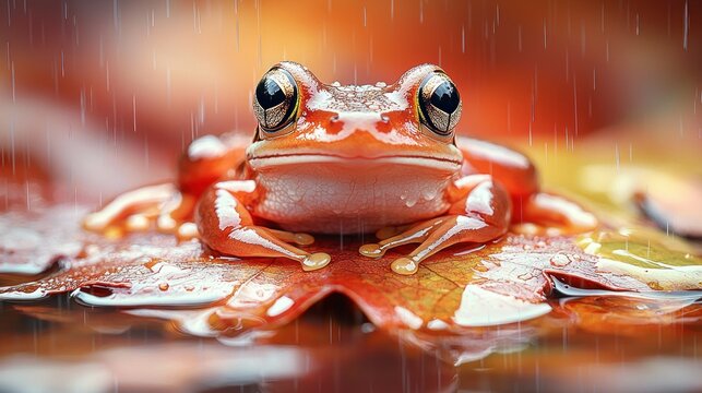 Tiny, orange frog sits on a wet, red leaf in the rain, looking upwards