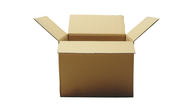 Open Cardboard Box on PNG Transparent Background. Package, Empty, Mail, Shipping, Paper, Packing, Gift, Post, Delivery, Isolated, Cargo, Pack, Storage, Send, Deliver, Brown
