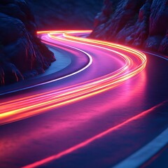 Night road, curves, light trails, mountains, speed, abstract, motion, travel, digital art, website banner