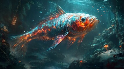Naklejka premium An underwater depiction of a glowing fish swimming gracefully