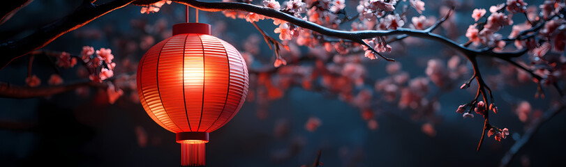 Lantern Light in Blossom: A vibrant red lantern casts a warm glow against a backdrop of delicate cherry blossoms on a tree branch, embodying cultural richness and tranquility.