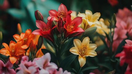 A vibrant display of blooming lilies in various colors, surrounded by lush green foliage in a serene garden setting