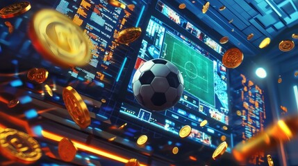Fototapeta premium Dynamic Soccer Ball Surrounded by Coins and Digital Interfaces