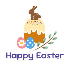 Greeting card with easter cake, chocolate rabbit, eggs and a pussy willow twig on a white background. Cute Happy Easter poster with a traditional bread and a bunny