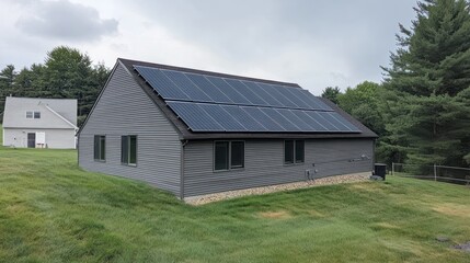 Obraz premium Gray House with Solar Panels on a Cloudy Day