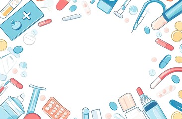 A simple cartoon frame border with medical equipment and pills on a light blue background