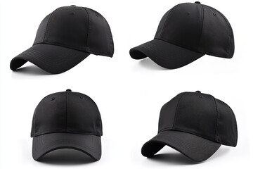 black baseball cap in different angles isolated on white background showcasing minimalist and stylish design