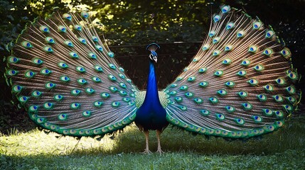 Obraz premium Majestic peacock spreading its iridescent tail in a royal garden intricate feather patterns soft bokeh background ultra realistic fine art photography