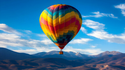 Obraz premium Colorful Hot Air Balloon Ascending Against Blue Sky Over Mountain Range During Sunny Day