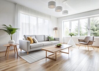 Fototapeta premium Bright White Living Room Interior Design - Long Exposure Photography