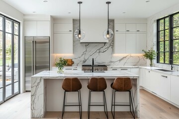 A modern kitchen with marble countertops and bar stools
