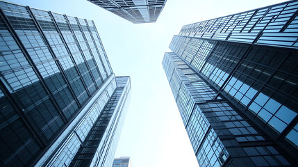 The image shows a view looking up at several tall buildings with glass and steel structures2