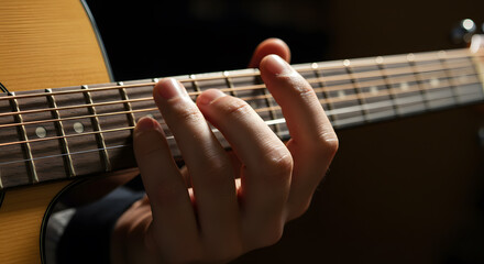 Close-up of Hands Playing Acoustic Guitar Musical Instrument Mastery