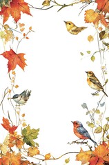 A white background with an autumn border, featuring small birds and flowers 