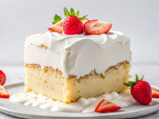 Decadent tres leches cake with whipped cream topping and fresh strawberries.