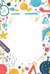 Fototapeta premium A white blank rectangle in the center of an A4 page with colorful, cartoon-themed science borders representing healthcare symbols