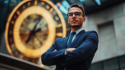A young business leader standing in front of a financial freedom sign, looking confident and visionary