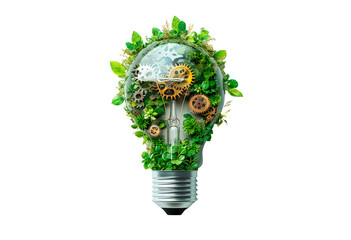 A light bulb made of green leaves and gears isolated on transparent background