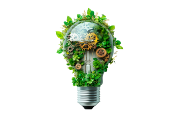 A light bulb made of green leaves and gears isolated on transparent background