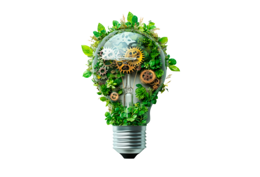 A light bulb made of green leaves and gears isolated on transparent background