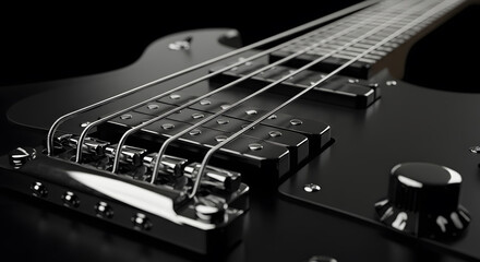 Fototapeta premium Sleek Black Electric Bass Guitar Close-Up Detail Shot of Strings, Bridge, and Tuning Peg - High-Resolution Image for Music, Instrument, and Design Projects
