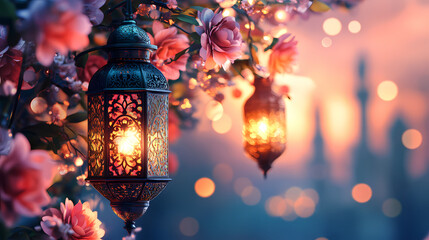 Golden Lanterns and Floral Delights: Two antique lanterns casting a warm, inviting glow, are suspended amidst a cascade of delicate pink blossoms, against a bokeh-filled, enchanting twilight backdrop.