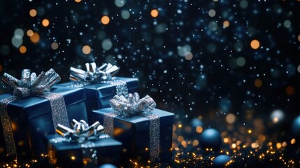 Midnight-themed gift background with deep blue and silver gift boxes, glittering stars, and soft glowing bokeh lights on a black background.