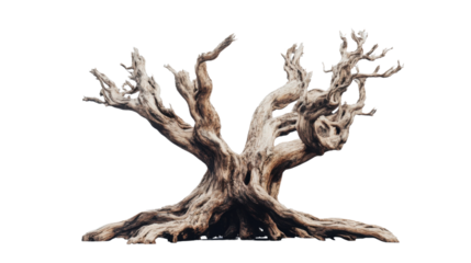 Gnarled weathered tree branches reaching out on transparent background