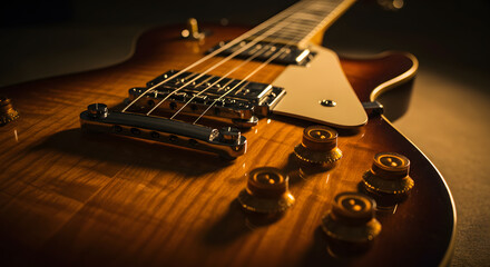 Sunburst Electric Guitar Close-Up Studio Shot of a Classic Musical Instrument,  Showcase of Mahogany Wood Grain and Gold Hardware