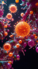 A close up of a bunch of red and orange balls that look like viruses. The image has a surreal and abstract feel to it, with the balls appearing to be floating in the air