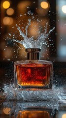 Amber perfume bottle with splashing liquid