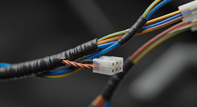 Close-up of Colorful Electrical Wires and Connectors Automotive Wiring Harness Detail