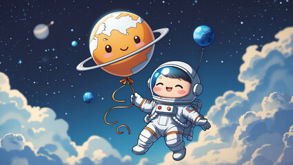 Cute Astronaut Soaring Through Space, Planet Balloon Adventure