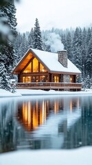 Fototapeta premium Cozy Wooden Cabin Winter Snow Landscape