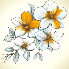 Elegant white-orange flowers bouquet, illustration, design, beige background, greeting card