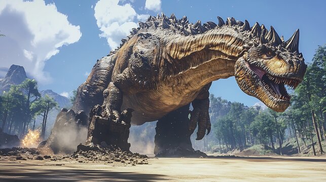 Massive Titanosaur crushing the ground as it walks unstoppable power