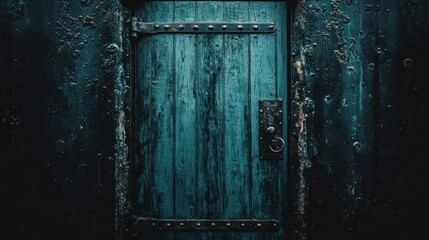 Weathered blue door with iron hardware set against dark, textured wall