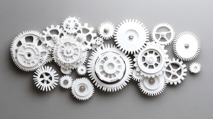 Abstract arrangement of white gears on a gray background.  Possible use educational, technical, mechanical illustrations