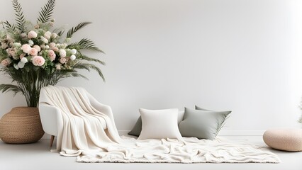 A cozy cream blanket drapes over a white armchair, complemented soft pillows a large floral arrangement a woven basket, creating a relaxing atmosphere.