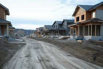 An undeveloped neighborhood shows new houses under construction on a street