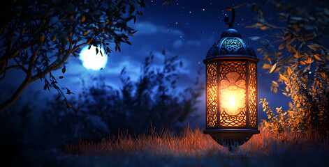 Moonlit Lantern: A radiant lantern illuminates a mystical scene, casting a warm glow on the foliage under the serene, moonlit night. The composition evokes a sense of peace and introspection.