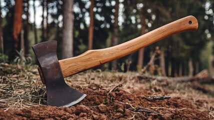 Wooden-handled axe resting on the ground in a forest clearing during a sunny day