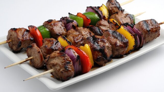 A platter of freshly grilled kebabs with lamb, chicken, and vegetables.