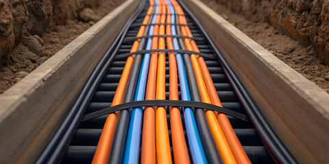 Concept of fiber optic in construction site. industrial close up of fiber cables running underground
