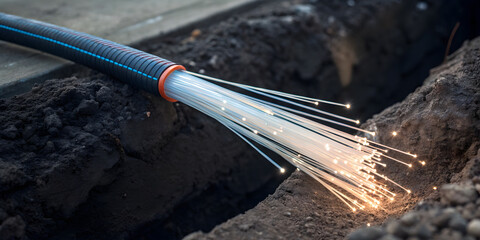 Concept of fiber optic in construction site. micro perspective of fiber optic trench installation