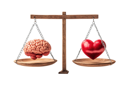 Balance of emotion and logic: heart and brain on scales isolated on transparent background