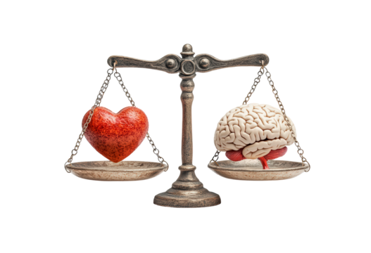 Balance of emotion and logic: heart and brain on scales isolated on transparent background