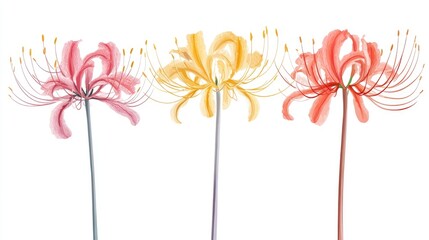 Obraz premium Three vibrant flowers in pink, yellow, and red stand tall against a white background, showcasing their delicate petals