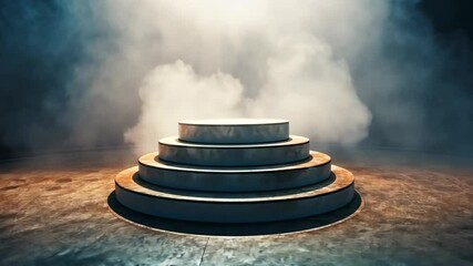 Circular stage with layered platforms surrounded by smoke in a dimly lit setting