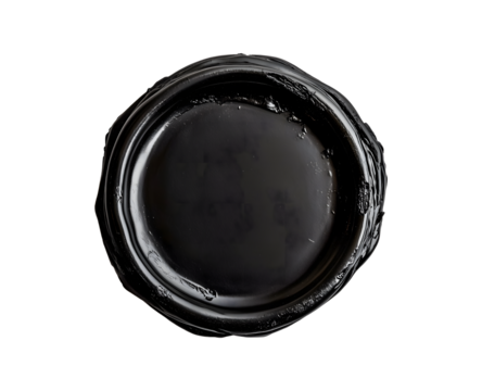 Close-up of a round black sealing wax with a glossy surface on a black background.